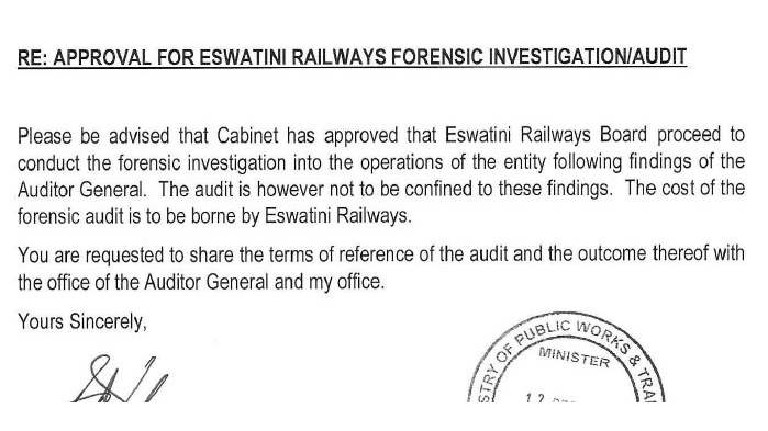 An excerpt of the letter informing the Board of Eswatini Railways that Cabinet has approved the forensic investigations.